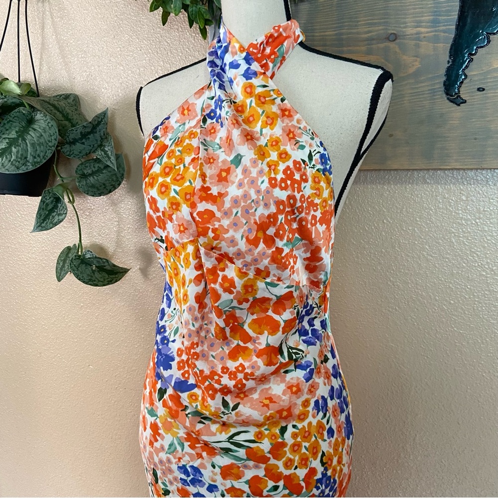 NWOT Lulus Bold Presence Orange Multi Floral Satin Halter Midi Dress - Picture 8 of 10